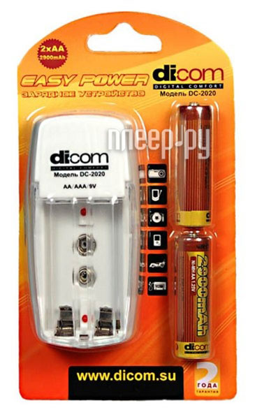 Фотография Зарядное устройство Dicom Power DC-2020 + 2 ак. AA 2900 mAh Фото Зарядное устройство Dicom Power DC-2020 + 2 ак. AA 2900 mAh