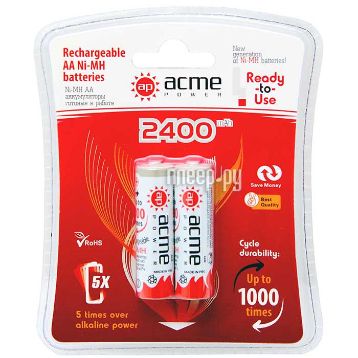   AA - AcmePower Ready-to-Use 2400 mAh Ni-MH (2 